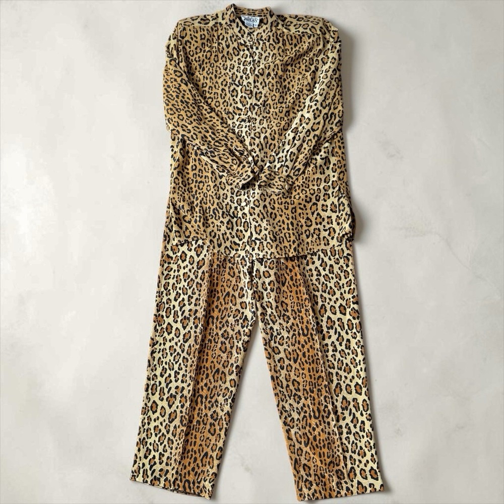 Vintage Harlan Silk Leopard Print 2 Pc Lounge Set Safari Oversized 90s